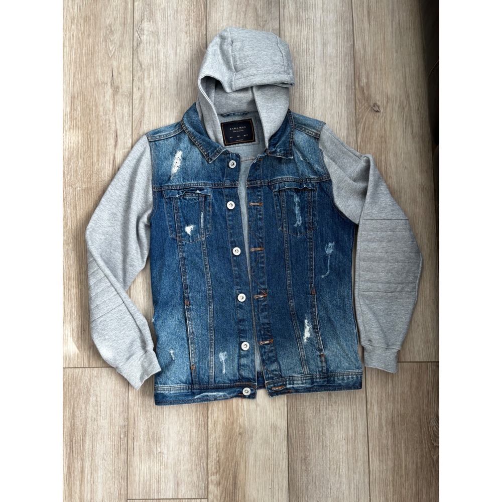 Zara Man Distressed Denim Jacket with Grey Hood and Sleeves Mens Large Blue